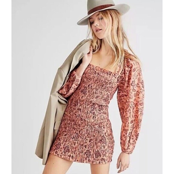 Free People Dresses & Skirts - Free People Smock It To Me Mini Dress Ruffle Smocked Bodycon Size XS Floral‎